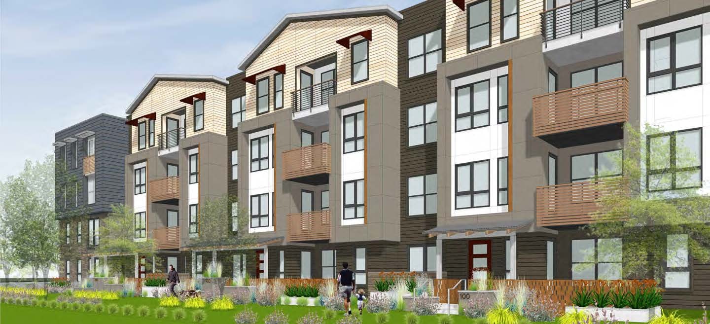 777 Middlefield close-up townhouse facade rendering with wood balconies and family on lawn