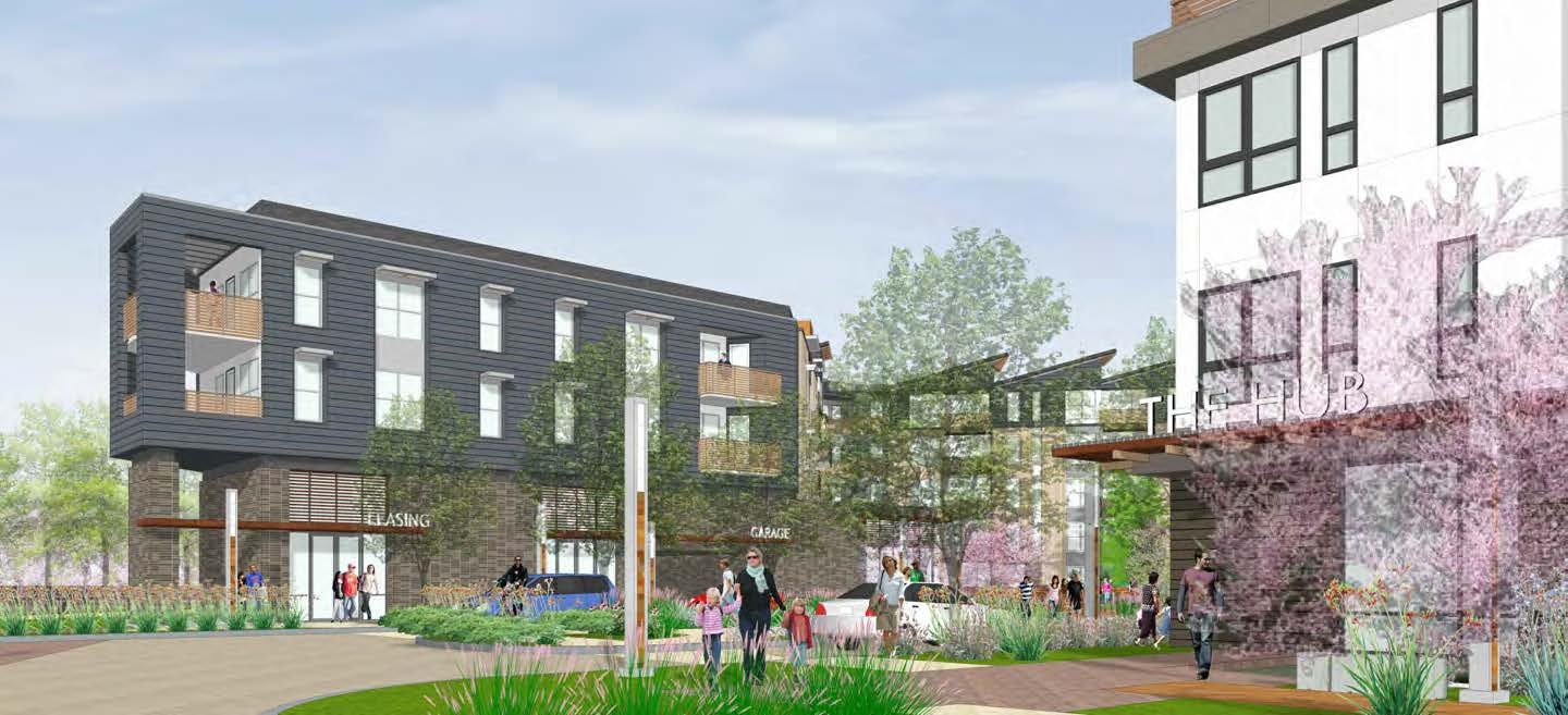 777 Middlefield courtyard rendering showing The Hub leasing office, dark building and pedestrians
