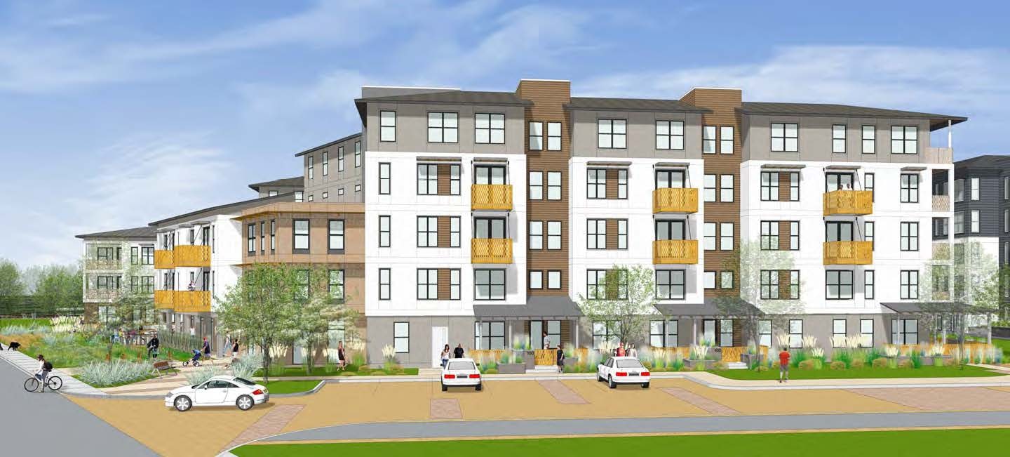 777 Middlefield wide street-level rendering of five-story building with yellow balconies and cars