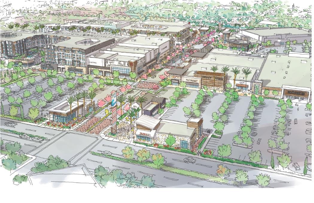 Aerial hand-drawn site plan of Capitola Mall redevelopment showing cinema, retail, landscaping and parking