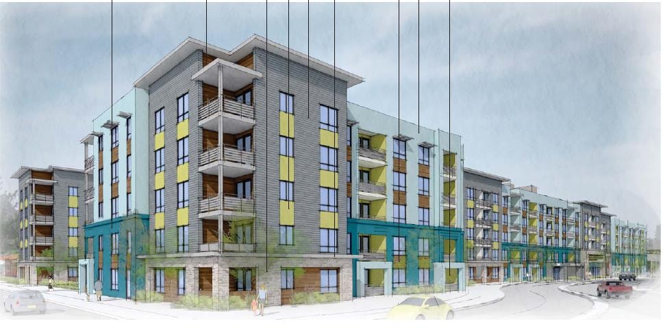 Street-level rendering of Capitola Mall residential building with teal and yellow balconies