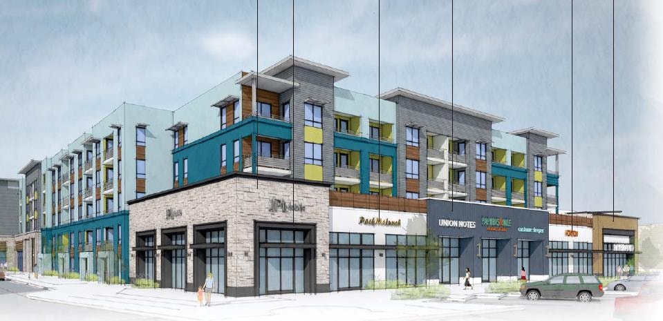 Street-level rendering of Capitola Mall mixed-use redevelopment