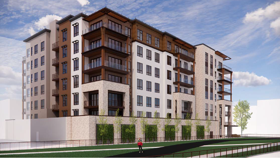 Rear-angle architectural rendering of 2645-2655 Fayette Drive residential building with landscaping