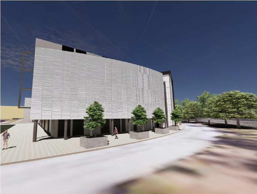 Street-level rendering of Intel CUB white paneled facade with pedestrians and planters