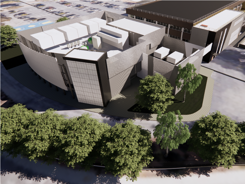 Aerial rendering of Intel Bowers Campus CUB showing rooftop equipment and curved building form