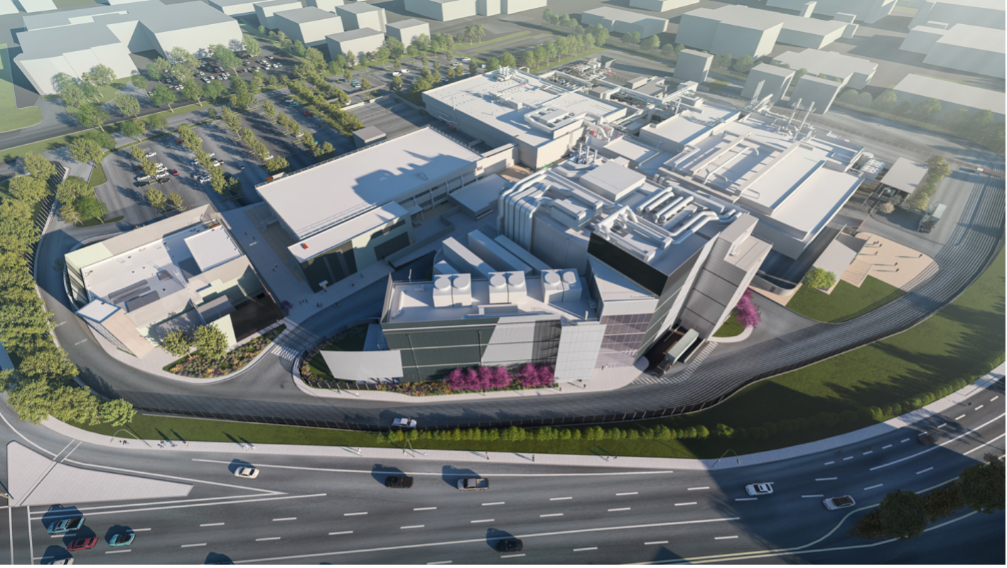 Aerial rendering of Intel manufacturing campus in Santa Clara
