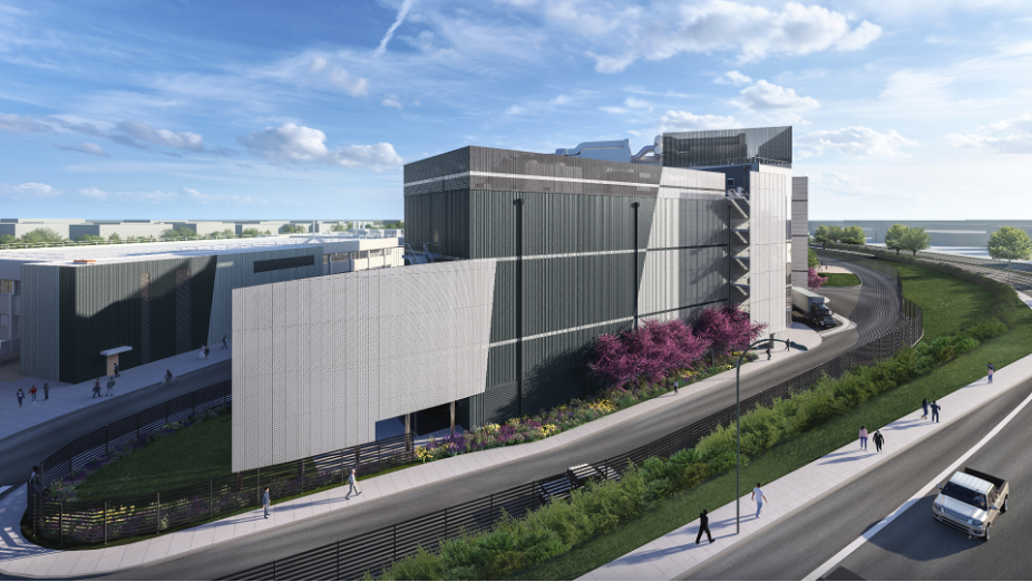 Side-angle architectural rendering of Intel manufacturing facility with landscaping