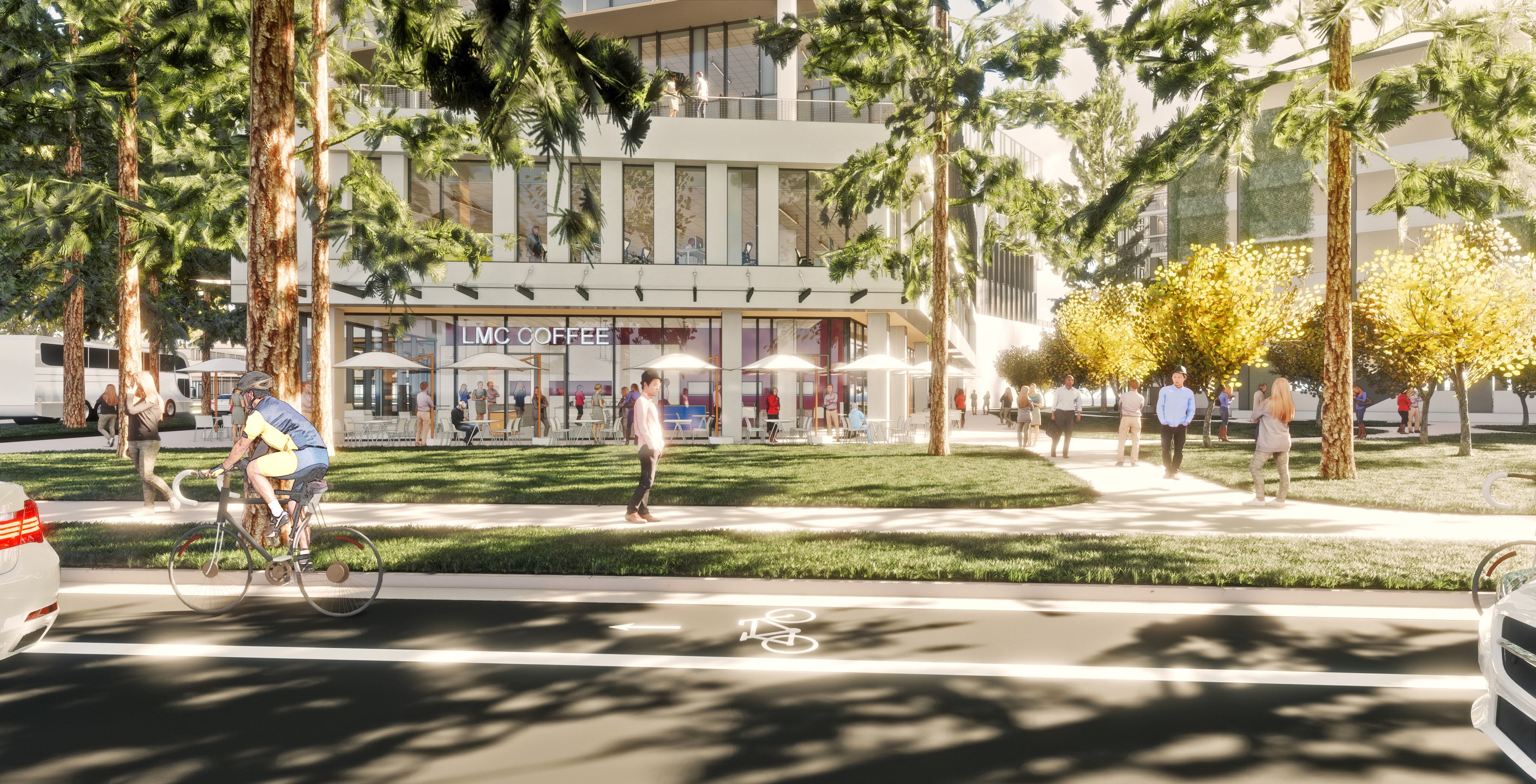 Street-level rendering of LinkedIn Middlefield Campus with LMC Coffee cafe, cyclist, and golden trees