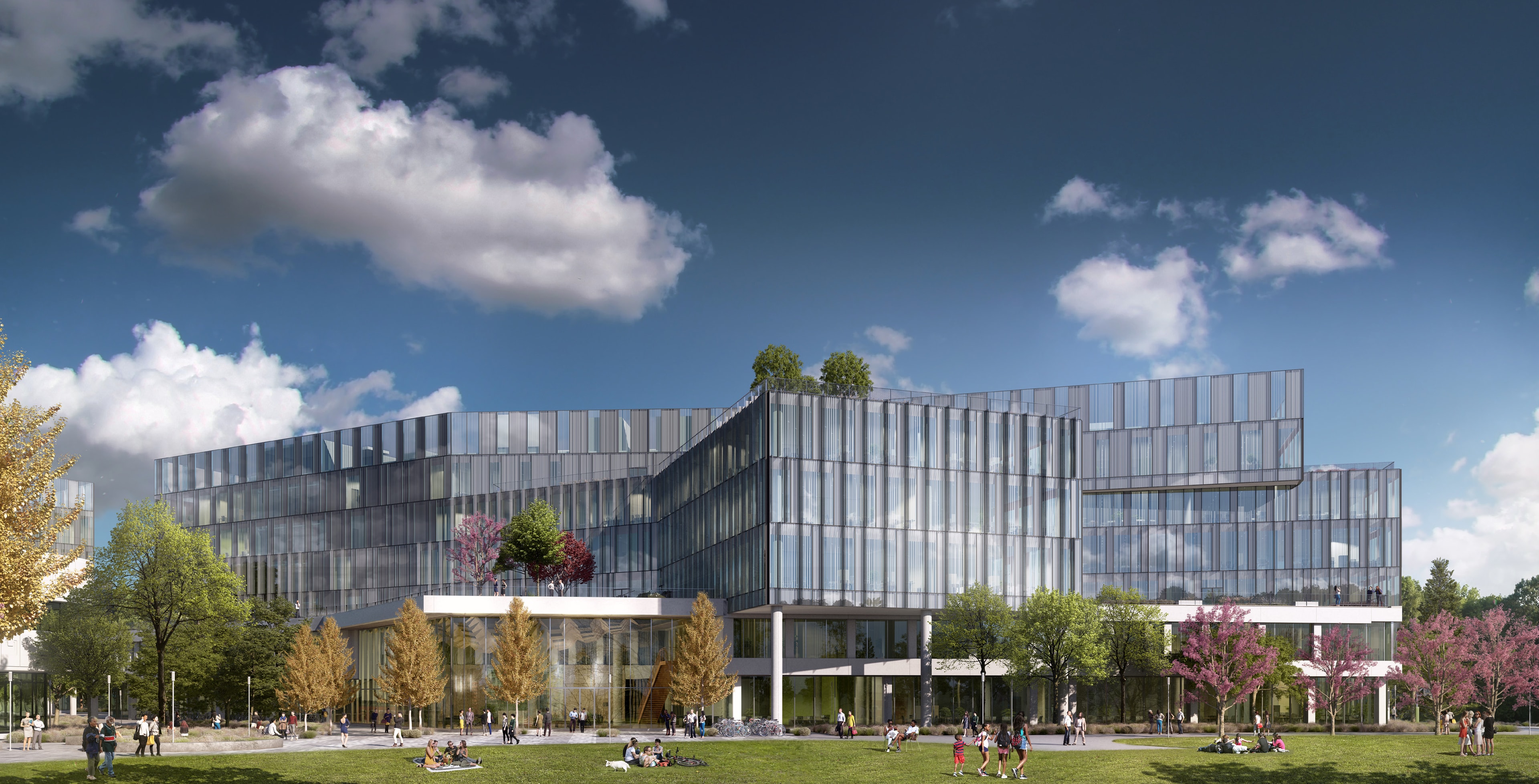 Angled rendering of LinkedIn Middlefield Campus glass office building with pink trees and people relaxing on grass