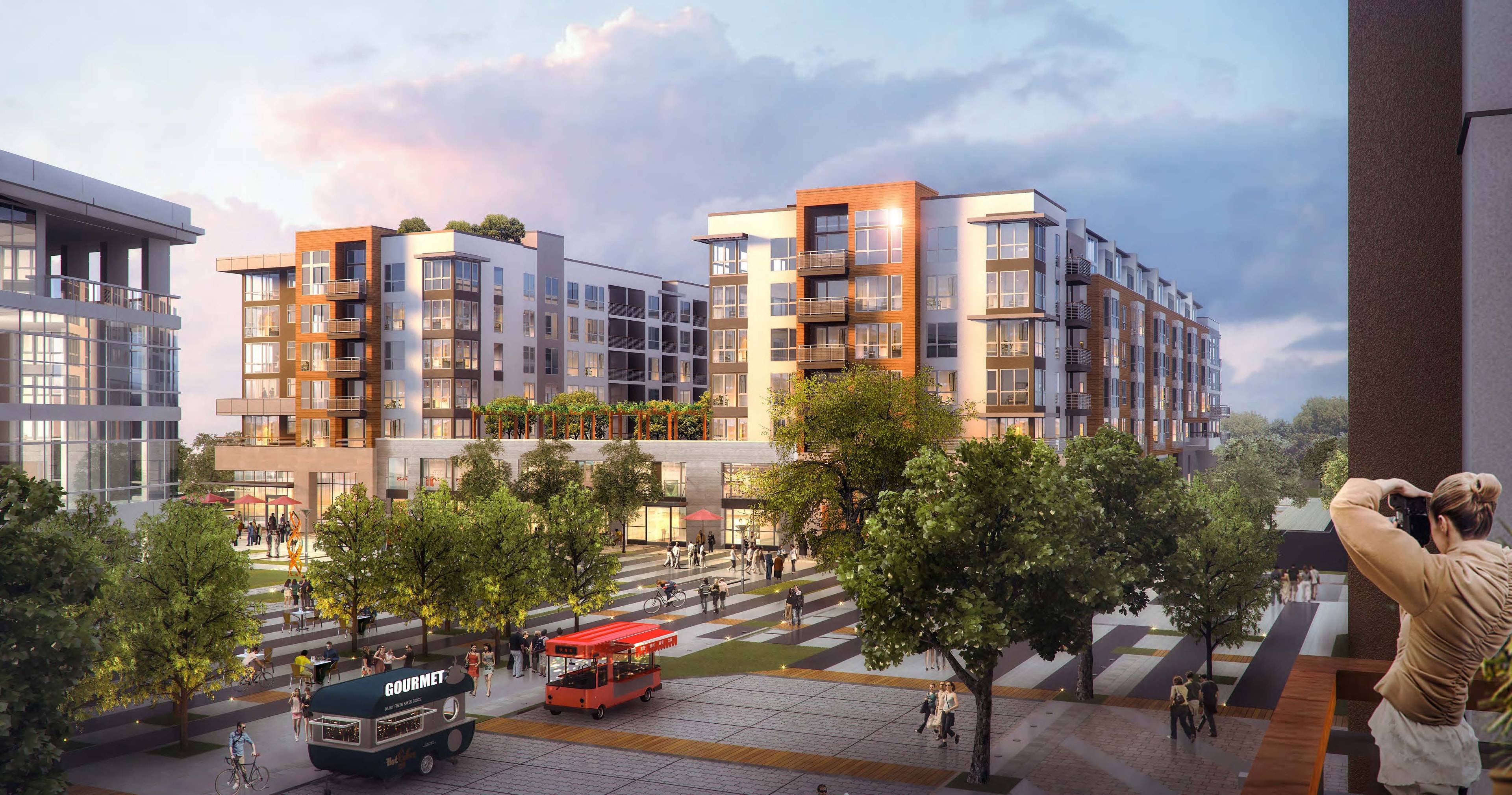 Shoreline Gateway plaza rendering with food trucks and evening activity