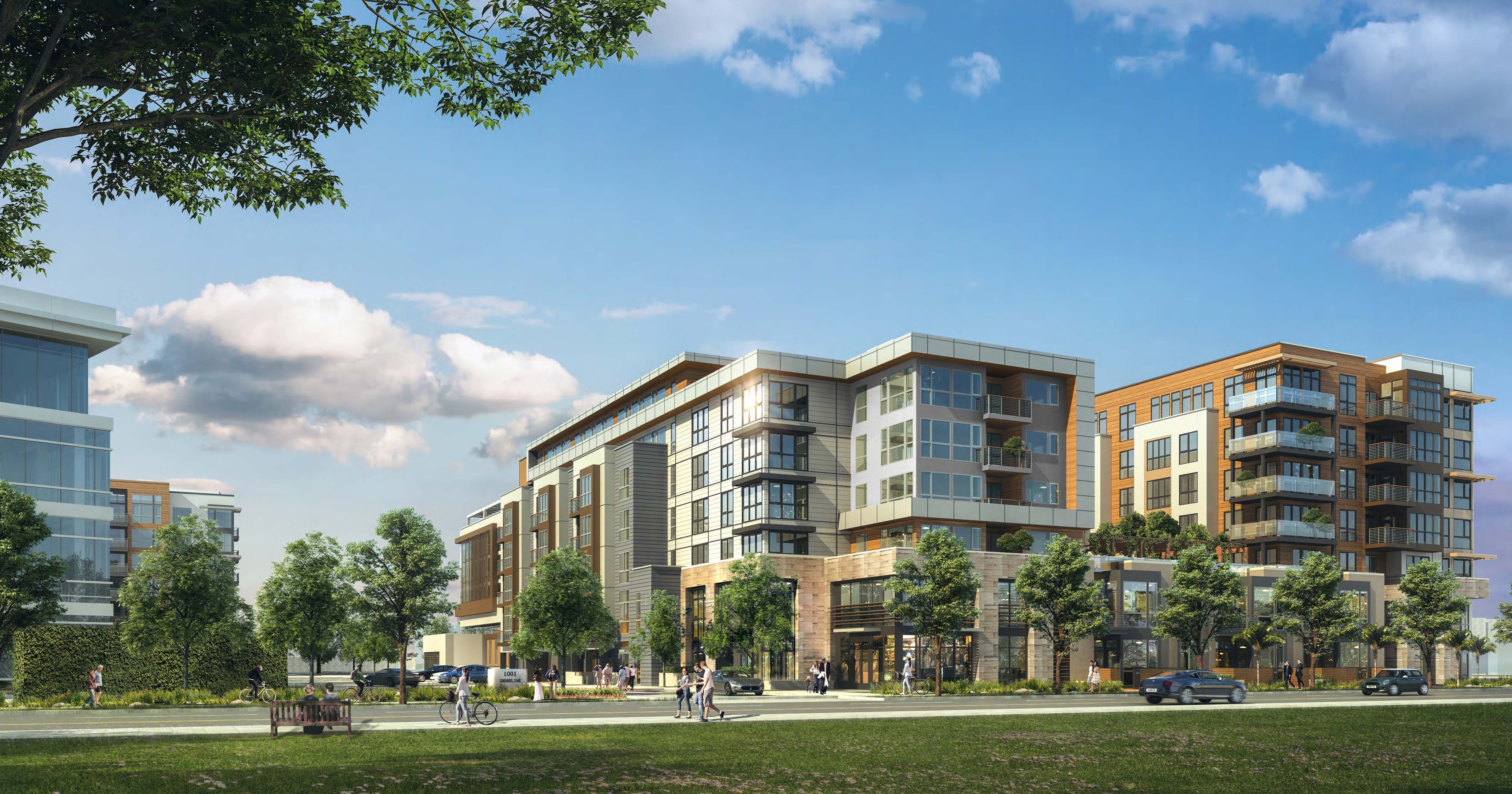 Shoreline Gateway park-side daytime rendering of mixed-use residential complex