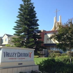 Valley Church of Cupertino sign with steeple and landscaping