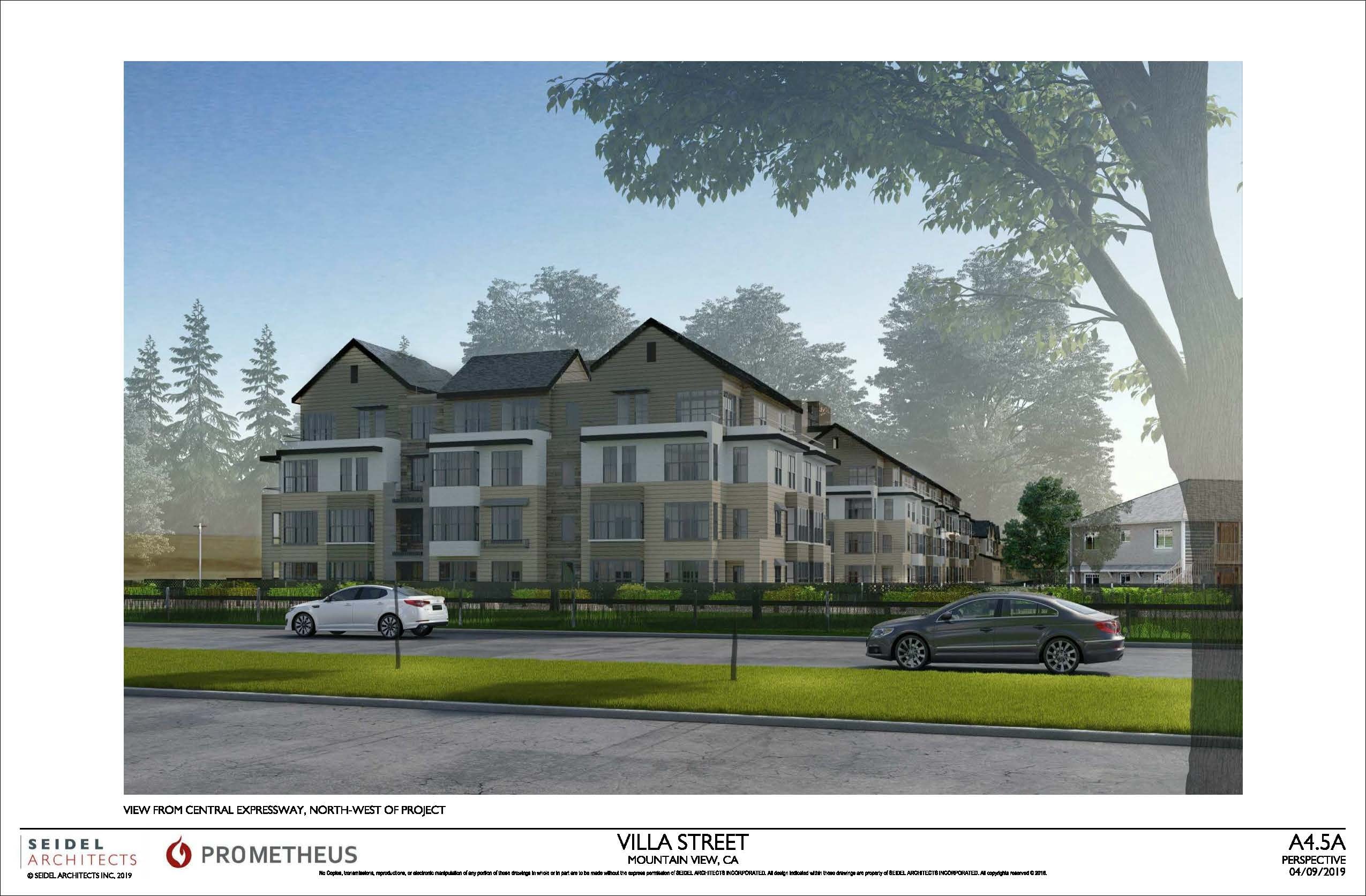 Villa Street residential project rendering — view from Central Expressway north-west with cars in foreground