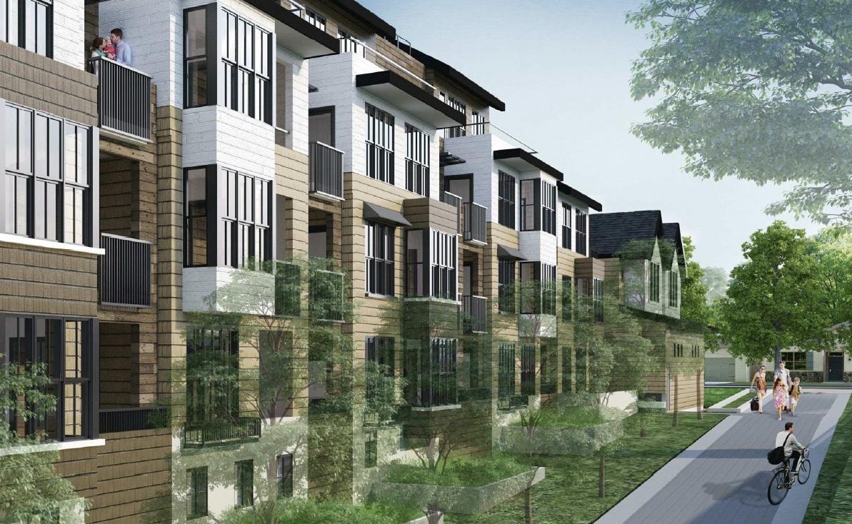 Villa Street close-up street-level rendering showing balconies, wood and white facade, cyclists and pedestrians