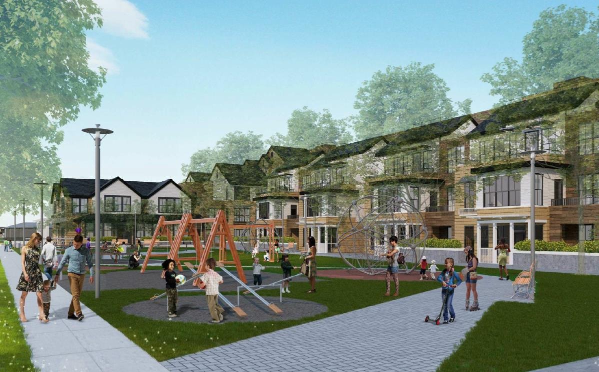 Villa Street courtyard rendering with playground, green space, and residents