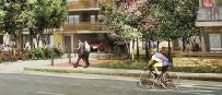 Walnut Avenue Residences street-level rendering with pedestrian, cyclist, and landscaped median